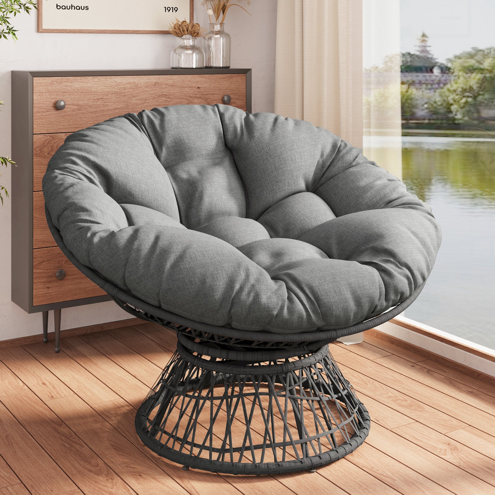 41.5" Ergonomic Wicker Chair With Cloud Thick Density Fabric Cushion,3 Proof Cover,High Capacity Iron Frame,Fluid 360 Degree Swivel For Reading,Living Room, Bedroom,Lounge,Gray Base,2 Colors Gray