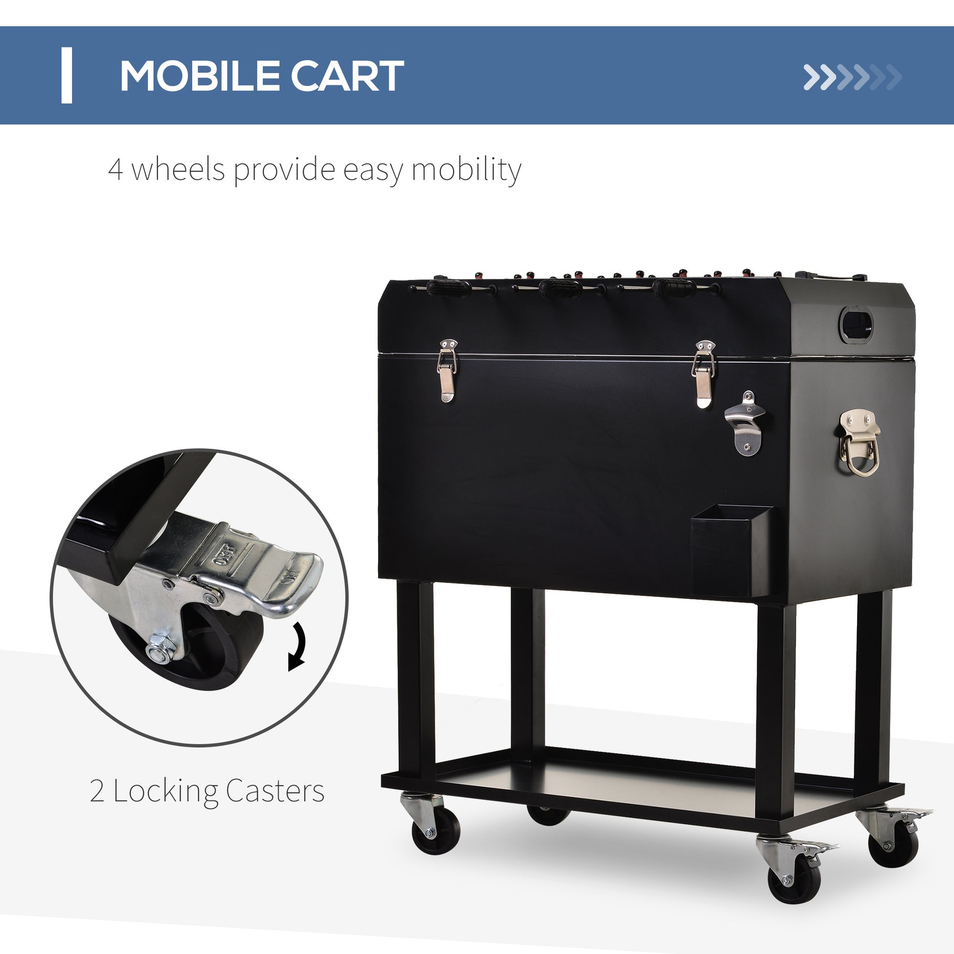 Outsunny 68Qt Patio Cooler Ice Chest With Foosball Table Top, Portable Poolside Party Bar Cold Drink Rolling Cart On Wheels With Tray Shelf Black Steel