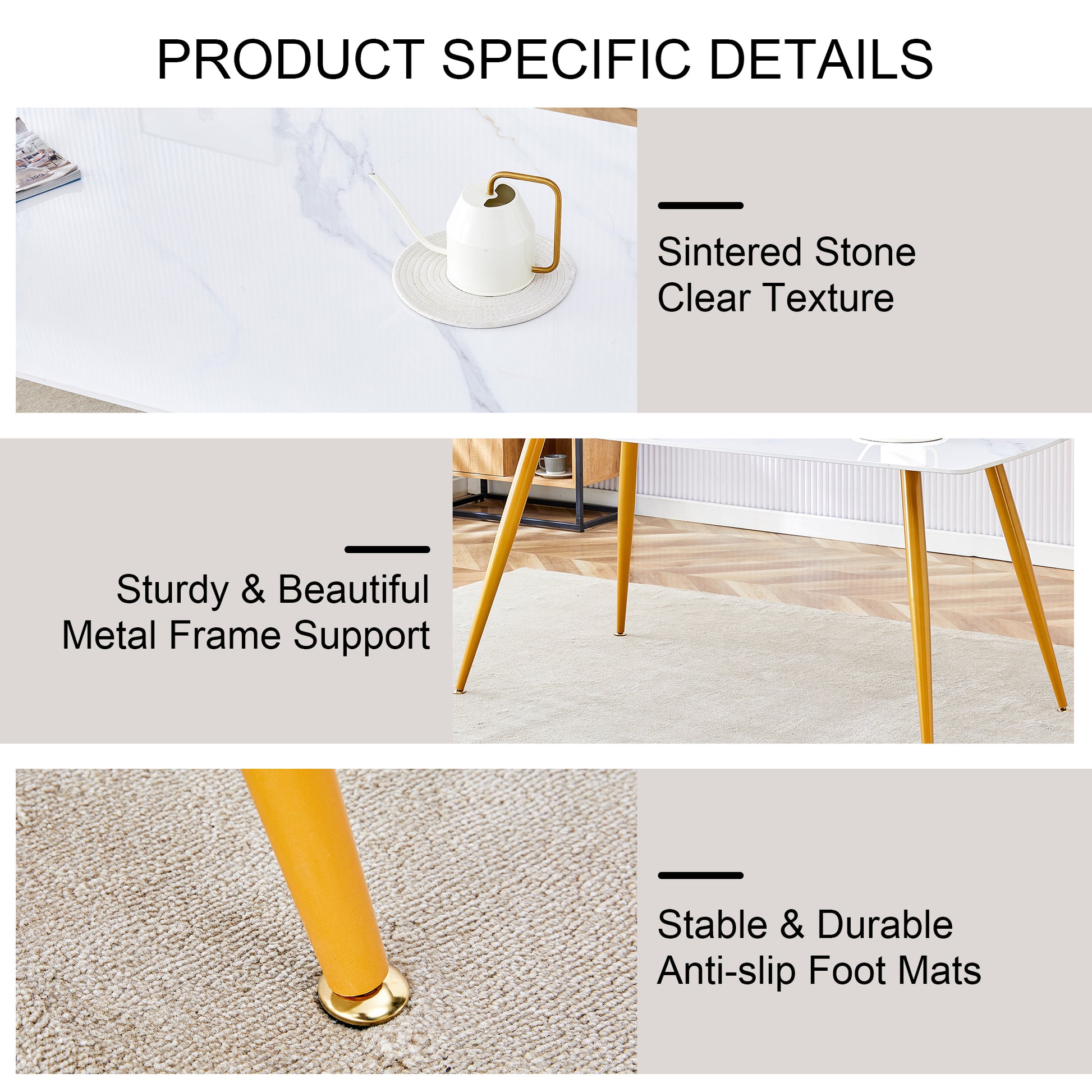 Modern Minimalist Dining Table. White Imitation Marble Patterned Stone Burning Tabletop With Golden Metal Legs. 50 "* 30" * 30 "F 001 Gold Sintered Stone