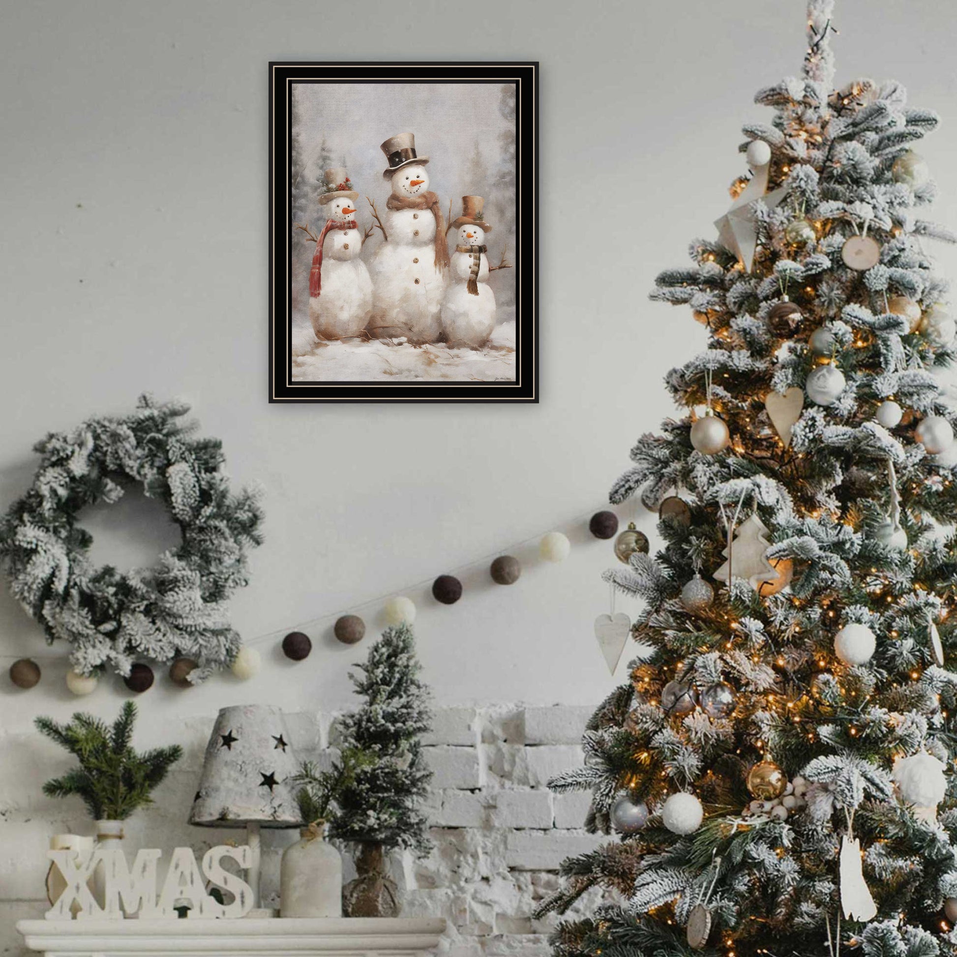 Three Snowman Pals Black Framed Wall Art For Living Room, Holiday Wall Art Print For Home Decor, Bedroom Wall Art By Jo Moulton Multicolor Wood Paper