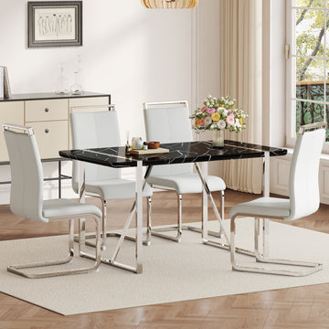 Table And Chair Set.A Rustic Industrial Rectangular Mdf Black Dining Table With Mdf Desktop And Electroplated Silver Metal Legs.Paried With 4 Chairs With Pu Cushion And Metal Legs. Black,Light Gray,Silver Seats 4 Mdf Metal