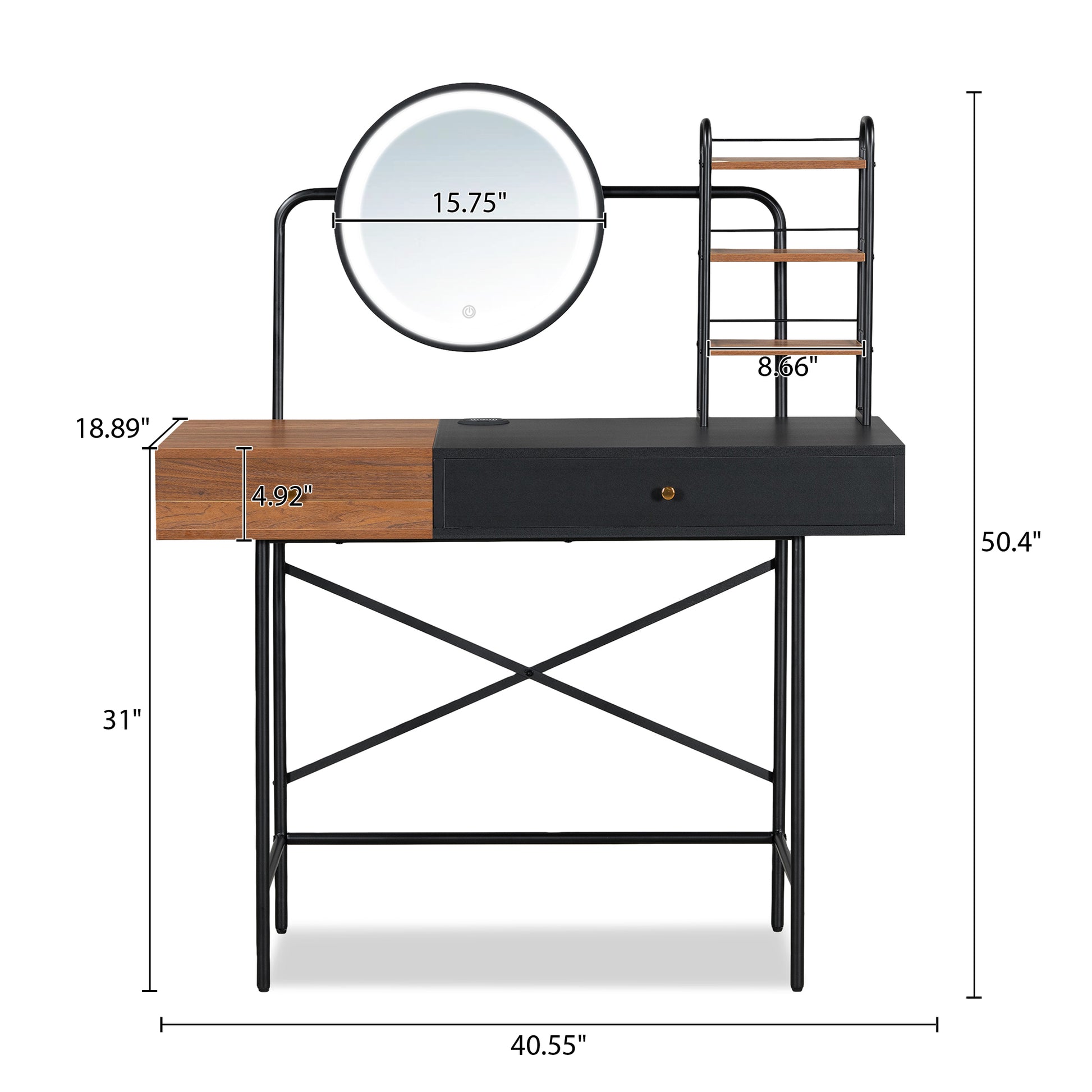 40" Makeup Vanity Desk With 3 Mode Lighted Mirror & Wireless Charging Stationvanity Table With Drawer & 3 Open Shelves For Large Storage Space, Dressing Table For Bedroom, Black Black 1 Drawer Glass Mdf Iron