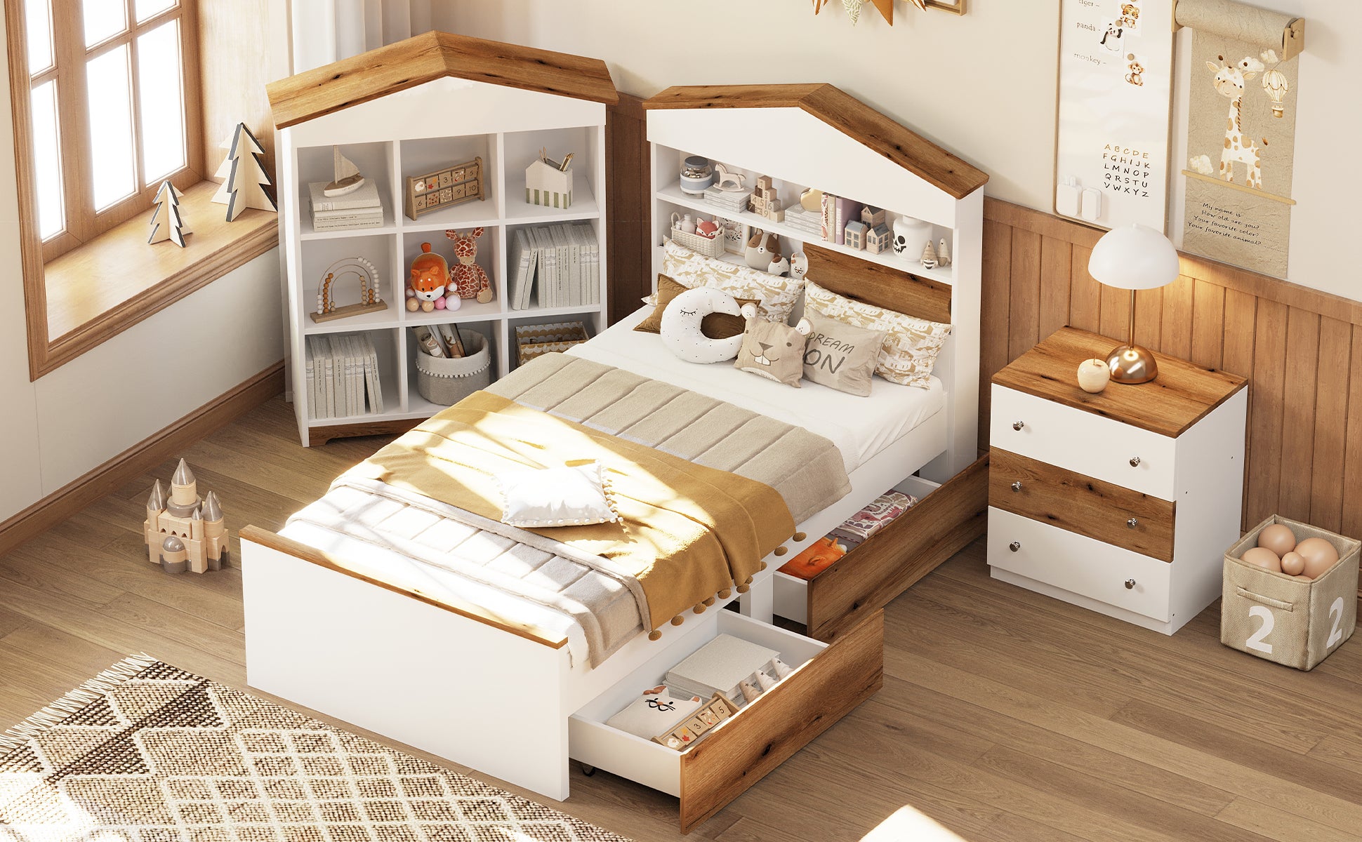 3 Pieces Bedroom Sets, Twin Size House Shaped Wooden Bed With Storage Drawers, Nightstand With Colorblock Design And House Shaped Stroage Rack, Brown White Twin Brown White 3 Piece Set Wood