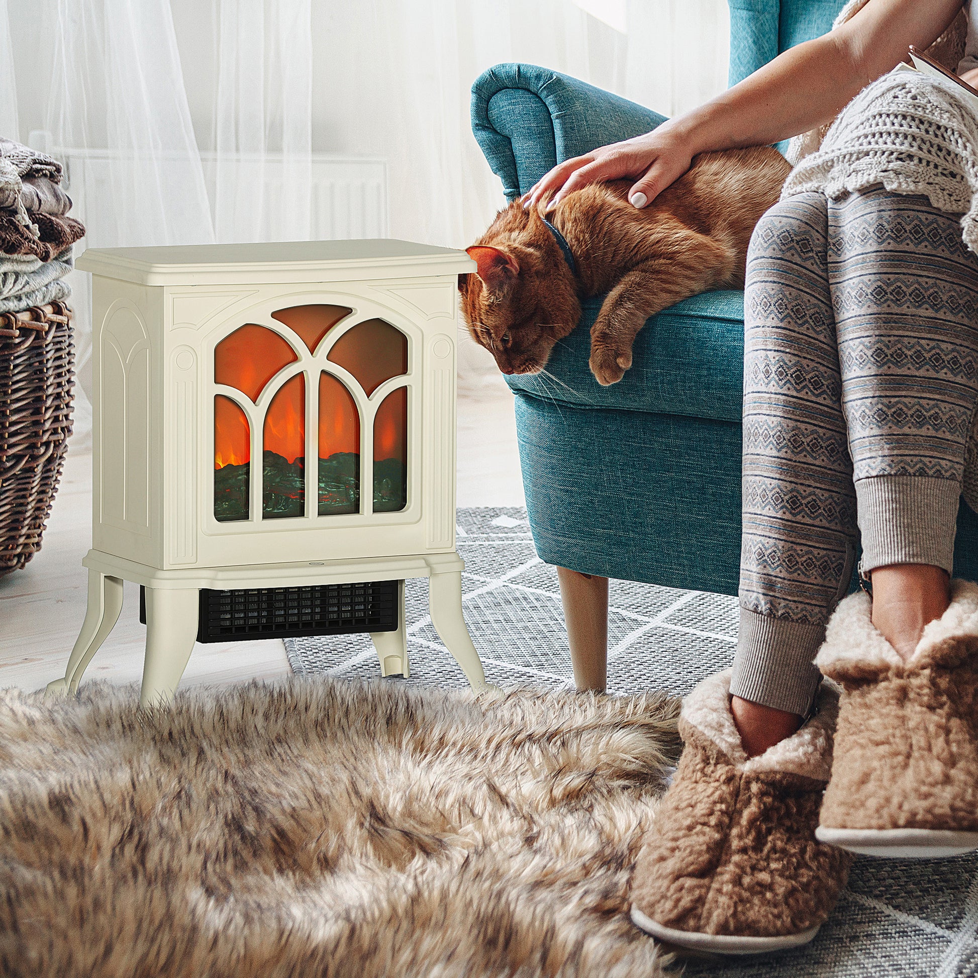 Homcom 17" Freestanding Electric Fireplace Stove, Fire Place Heater With Realistic Logs And Flame Effect And Overheat Protection, 750W 1500W, Beige Beige Plastic