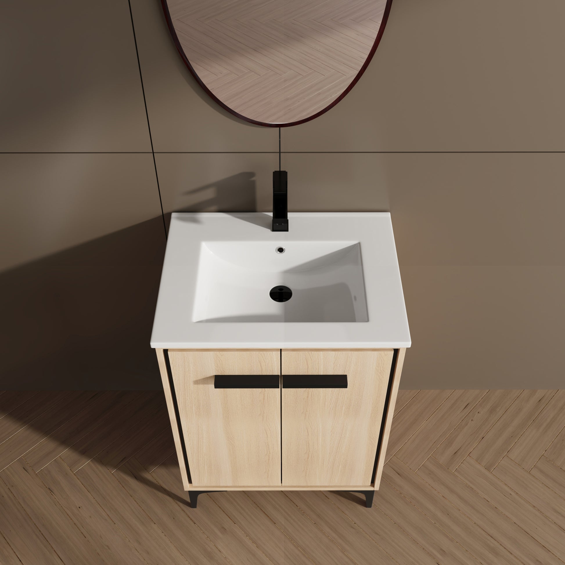 24 Inch Bathroom Vanity Base With Basin, Storage Cabinet With Doors, Engineered Wood Oak Bathroom American Design Ceramic Engineered Wood