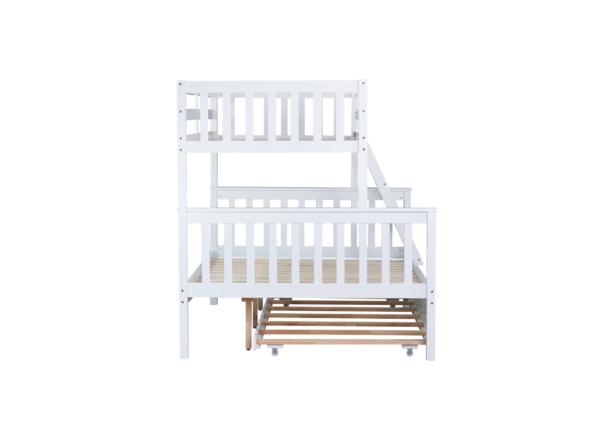 Twin Over Full Rubber Wood Bunk Bed With Trundle, Convertible Ladder And Guardrail, Detachable, Convertible Bed, With Twin Size Trundle ,White Twin White Rubber Wood