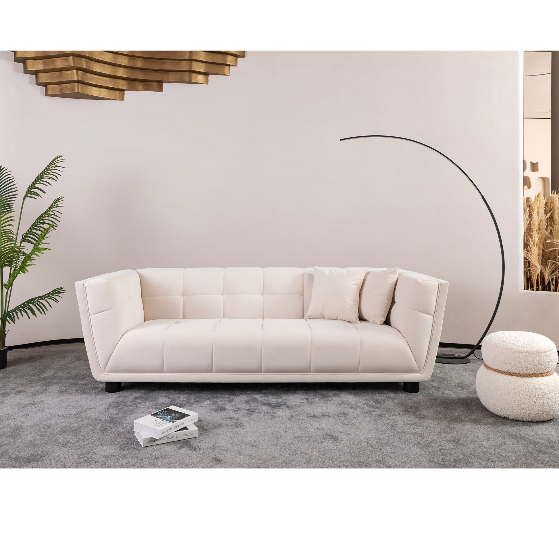 Wks13 Mid Century Modern Style: Simple White Sofa, Small Square Design, Velvet Fabric Texture Smooth, Retro Fashion, Solid Wood Feet, 2 People Design White Retro Broadcloth Pleat 2 Seat