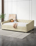 Full Size Daybed With Twin Size Trundle Upholstered Tufted Sofa Bed, With Button On Back And Copper Nail On Waved Shape Arms Beige Full Beige Wood Fabric