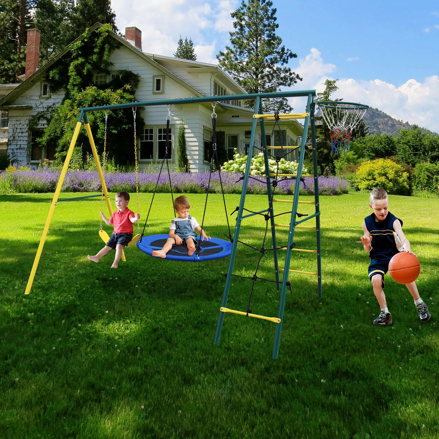 Swing Set For Kids Outdoor Backyard Playground Swing Set With Ladder And Basketball Hoop Blue 200 Lbs & Over 3 To 4 Years Steel Outdoor