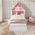 Twin Size House Shaped Bed With Bookcase Headboard And Led Light And Twin Size Trundle For Kids Boys Girls, Pink White Box Spring Not Required Twin White Pink Wood Bedroom Cute Bed Frame Wood