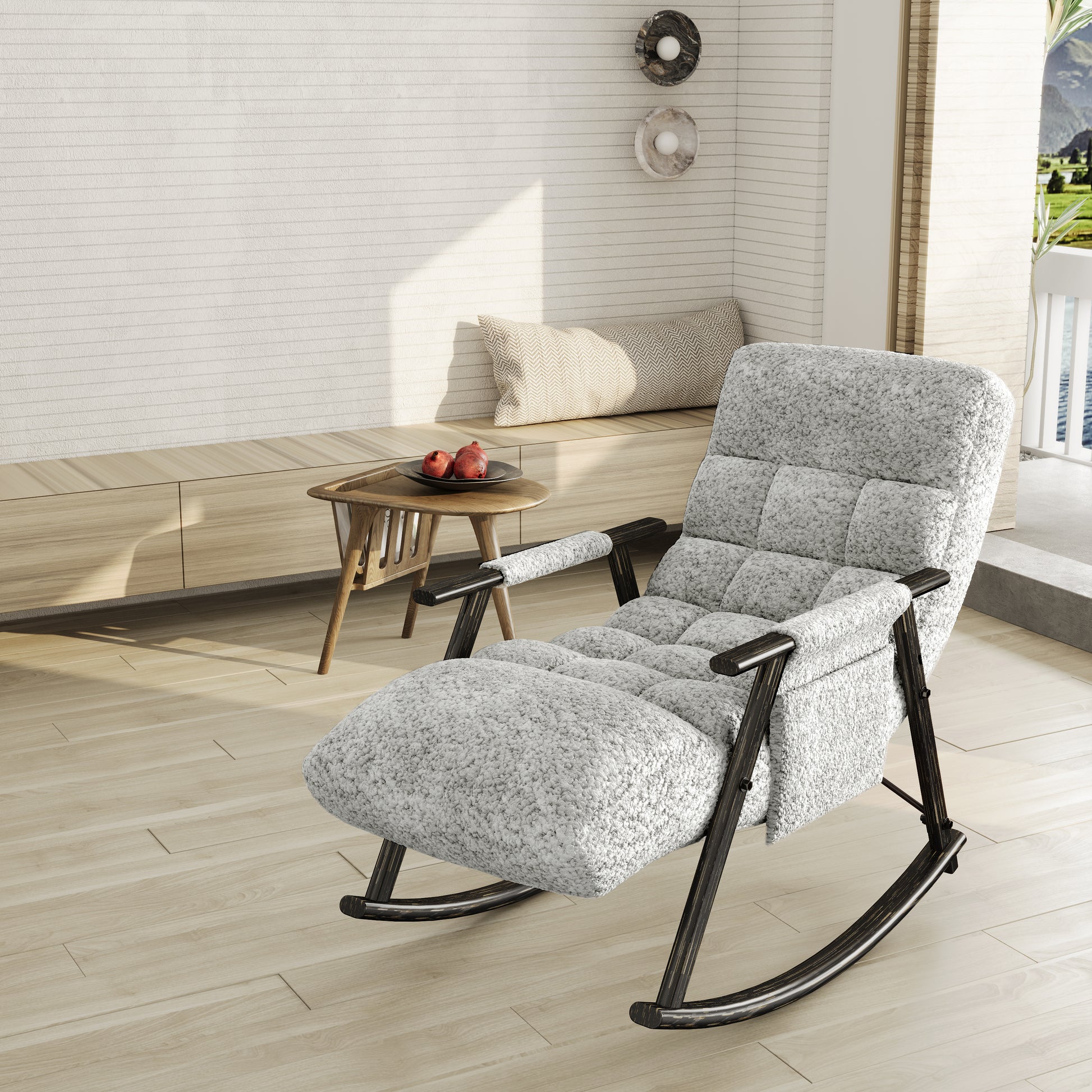 Casual Folding Rocking Chair Upholstered, Lounge Rocking Chair Adjustable High Back And Foot Rest,Side Pockets Placed In Living Room Bedroom Balcony Grey Teddy