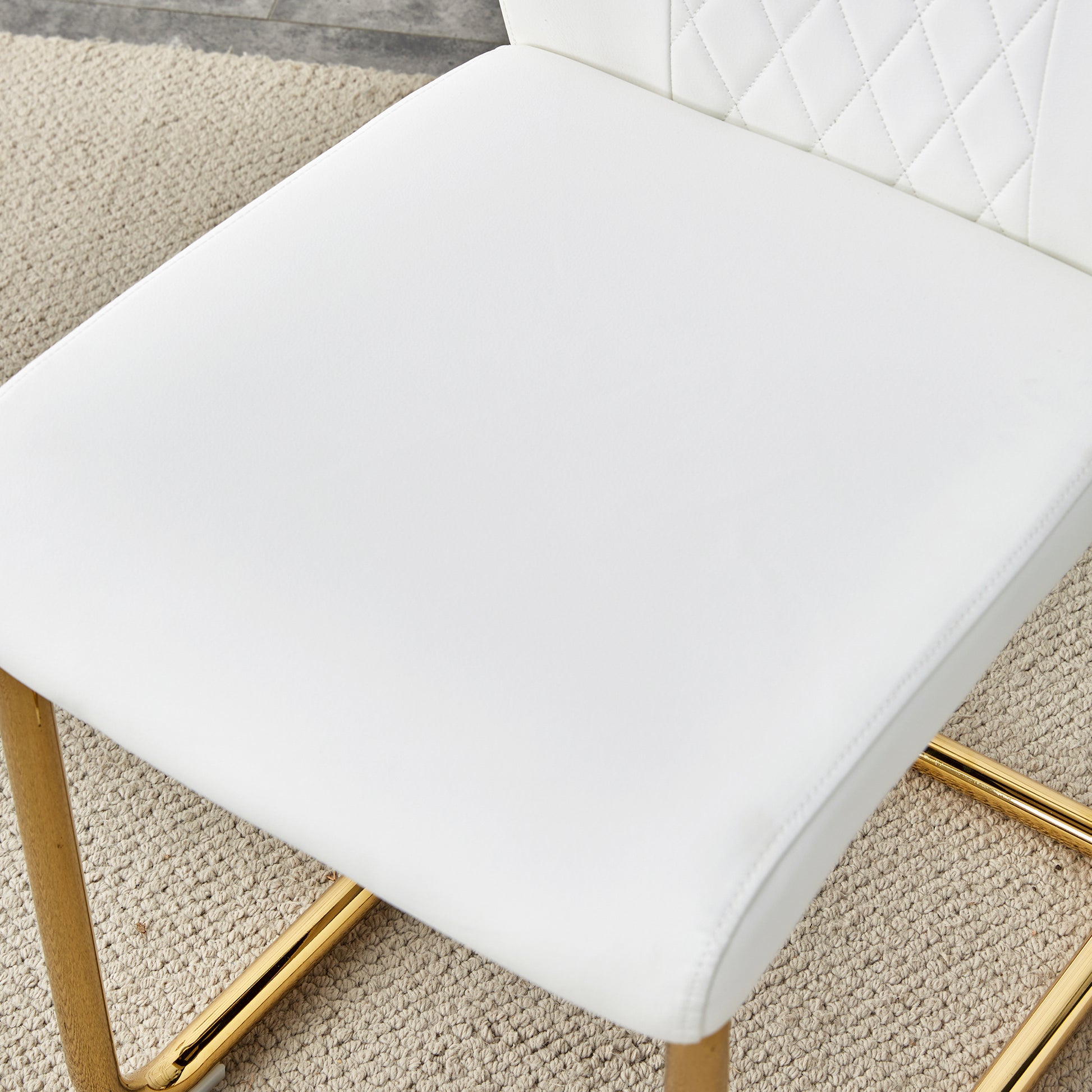 Table And Chair Set.Modern Rectangular Glass Dining Table With A Tempered Glass Tabletop And Metal Legs, Paired With Multiple Chairs Designed With Pu Cushions And Golden Metal Legs. White Gold Seats 8 Tempered Glass