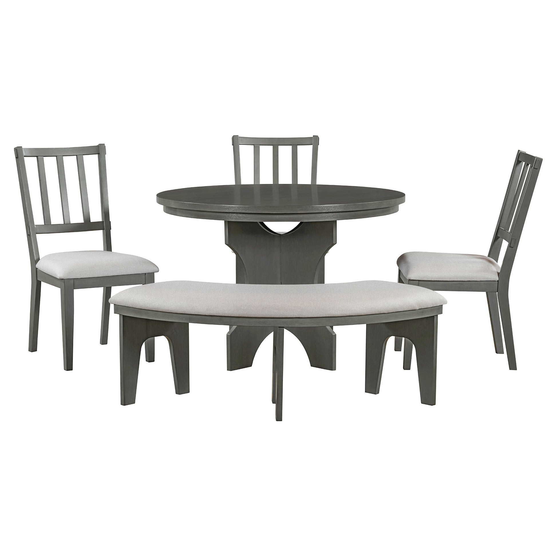 5 Piece Rustic Charm Round Dining Set With 3 Upholstered Chairs And Curved Bench For Dining Room, Kitchen And Living Room Gray Gray Rubber Wood