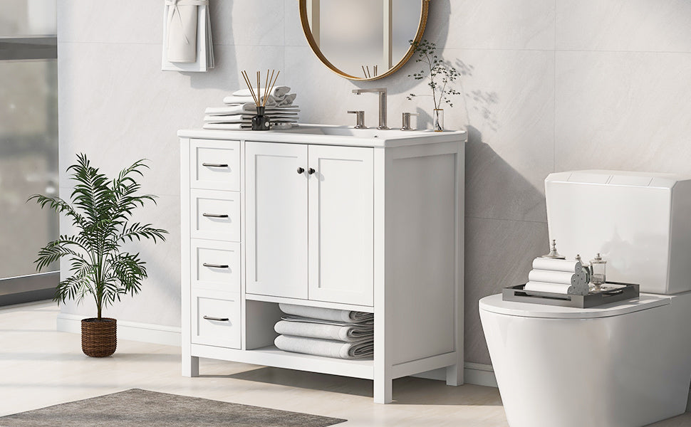 36" Bathroom Vanity With Sink Top, Bathroom Vanity Cabinet With Two Doors And Two Drawers, Solid Wood, Open Shelf, Mdf Boards, One Package, White White Solid Wood Mdf