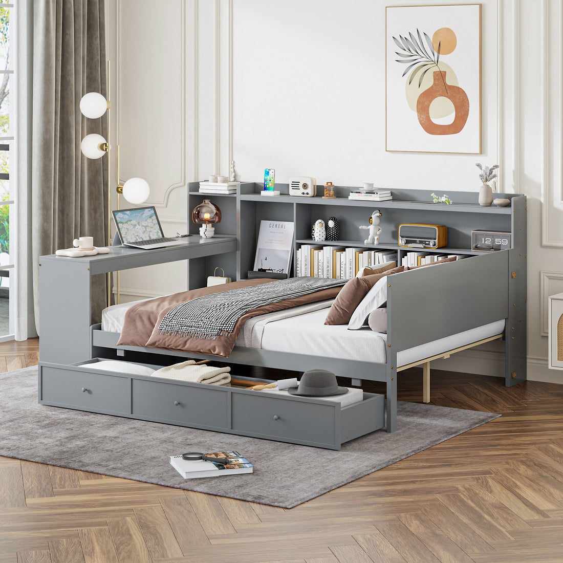 Full Size Wooden Daybed With 3 Drawers, Usb Ports And Deskgray Twin Gray Wood