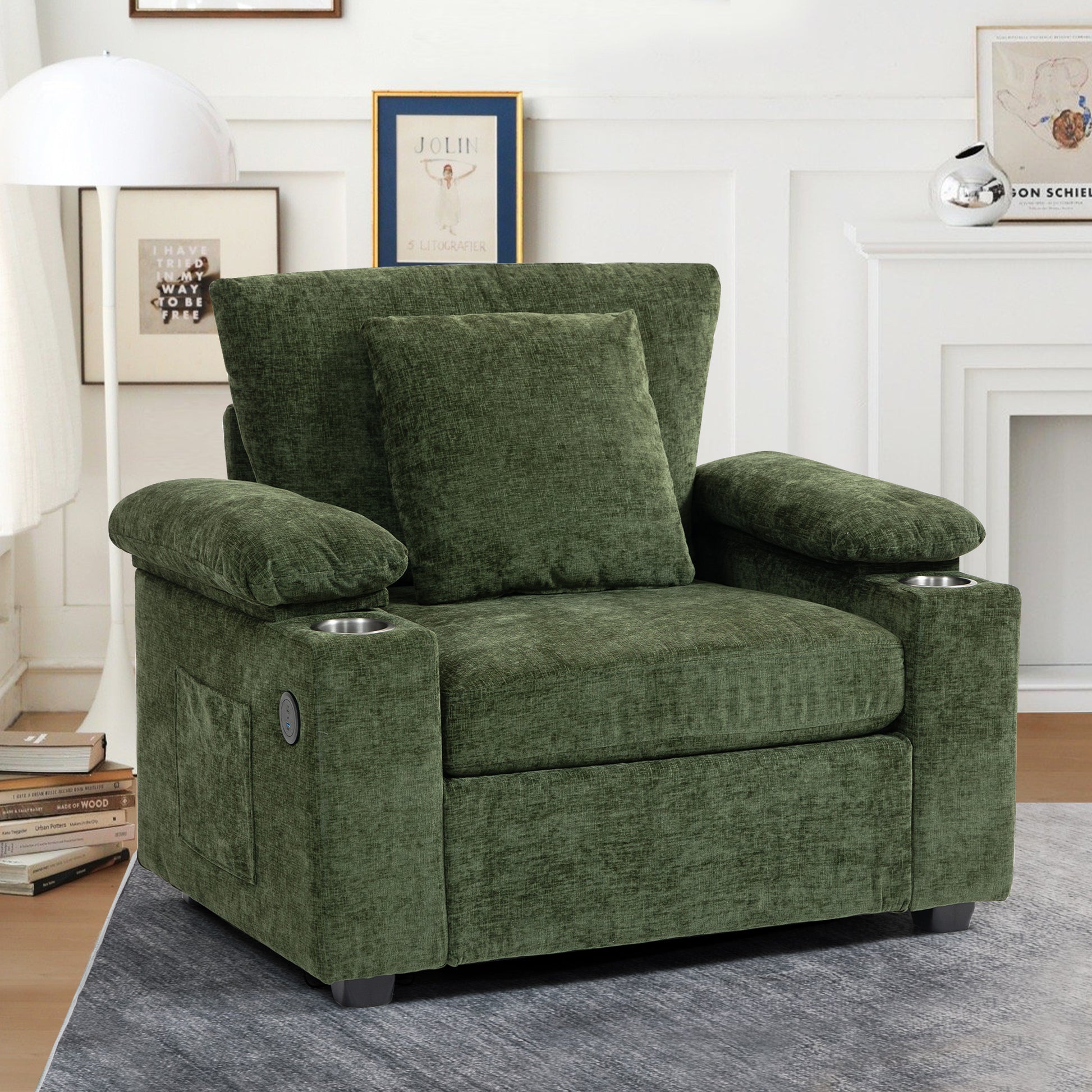 Modern Oversized Chair With Ottoman,Chenille Fabric Sofa Bed,Accent Chair Comfy Sofa With Cupholders And Usb Charging Ports Chair For Living Room,Bedroom,Apartment Green Chenille