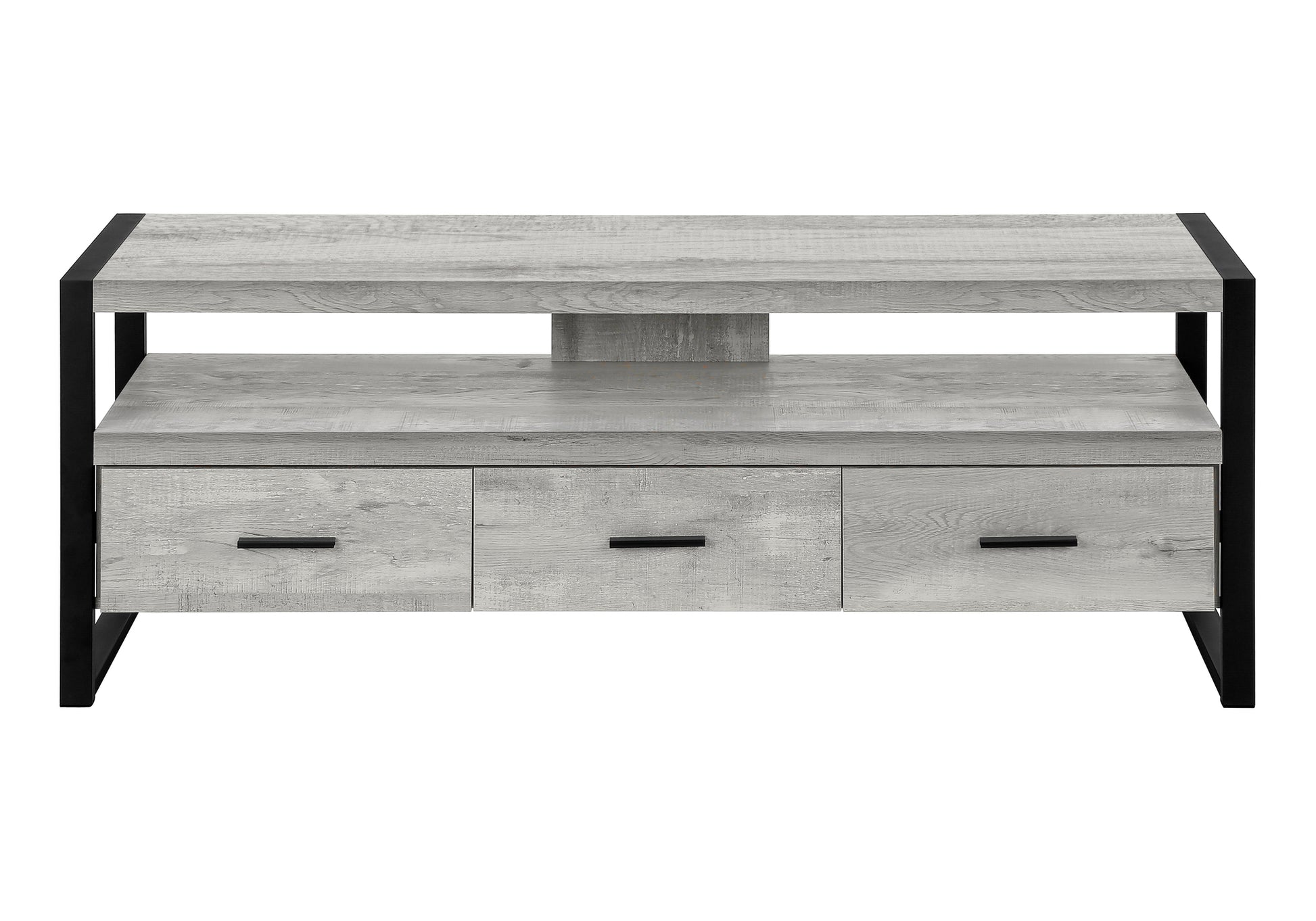Tv Stand, 60 Inch, Console, Media Entertainment Center, Storage Drawers, Living Room, Bedroom, Grey Laminate, Black Metal, Contemporary, Modern Grey 80 89 Inches Particle Board