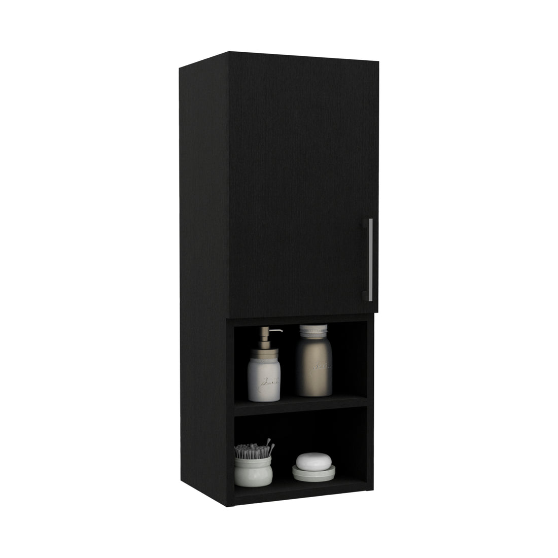 Medicine 31H" Single Door Cabinet, Two External Shelves, Two Interior Shelves, Black Black Particle Board Particle Board