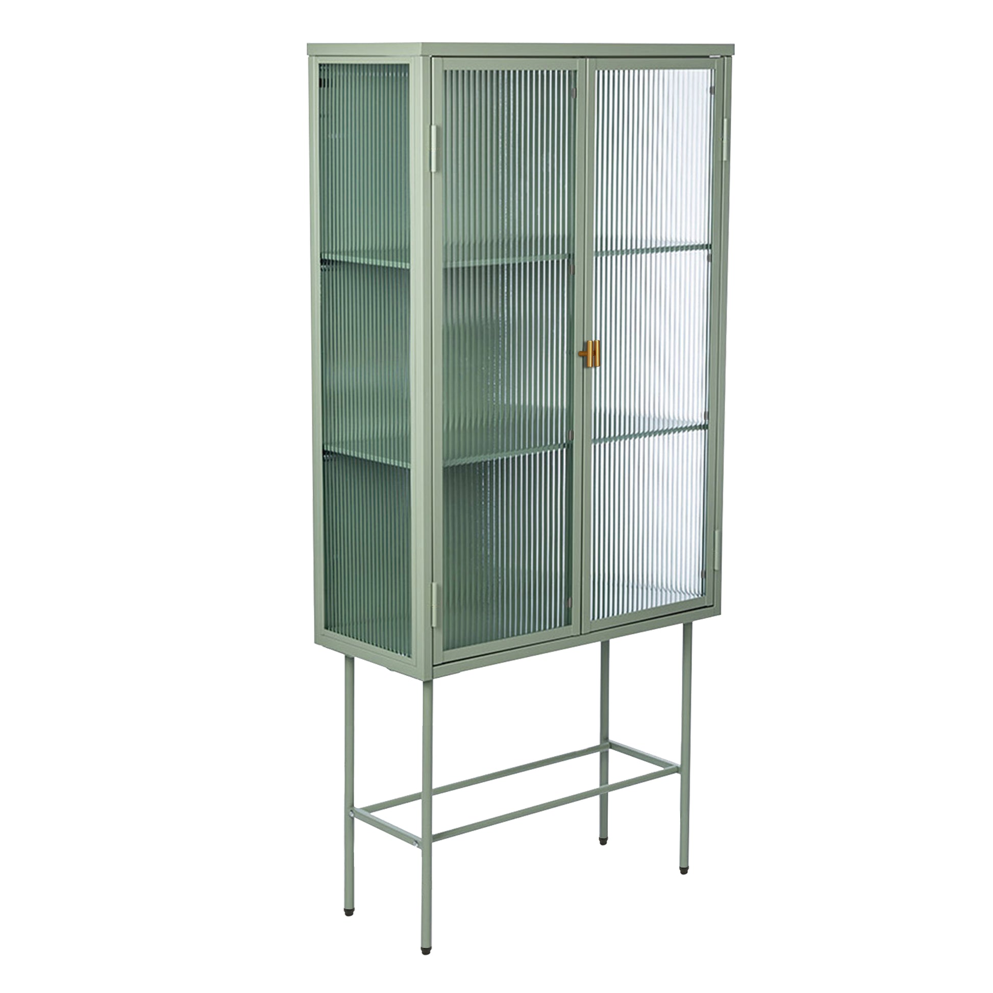 Mint Green Tall Freestanding Display Cupboard Stylish Fluted Glass Storage Cabinet With Glass Doors Three Detachable Shelves Bottom Space For Office Dining Room Living Room Bedside Old Sku:W68743736 Mint Green Steel