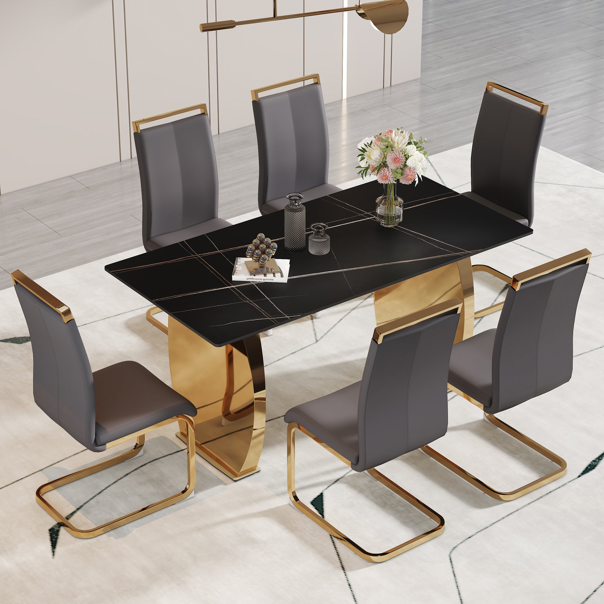 Table And Chair Set,Modern Rectangular Table With 0.4 Inch Black Patterned Tabletop And Gold Legs, Suitable For Kitchen, Dining Room, And Living Roomcomfortable Pu Seats,Perfect For Dinner, Meet Grey Black Seats 6 Sintered Stone