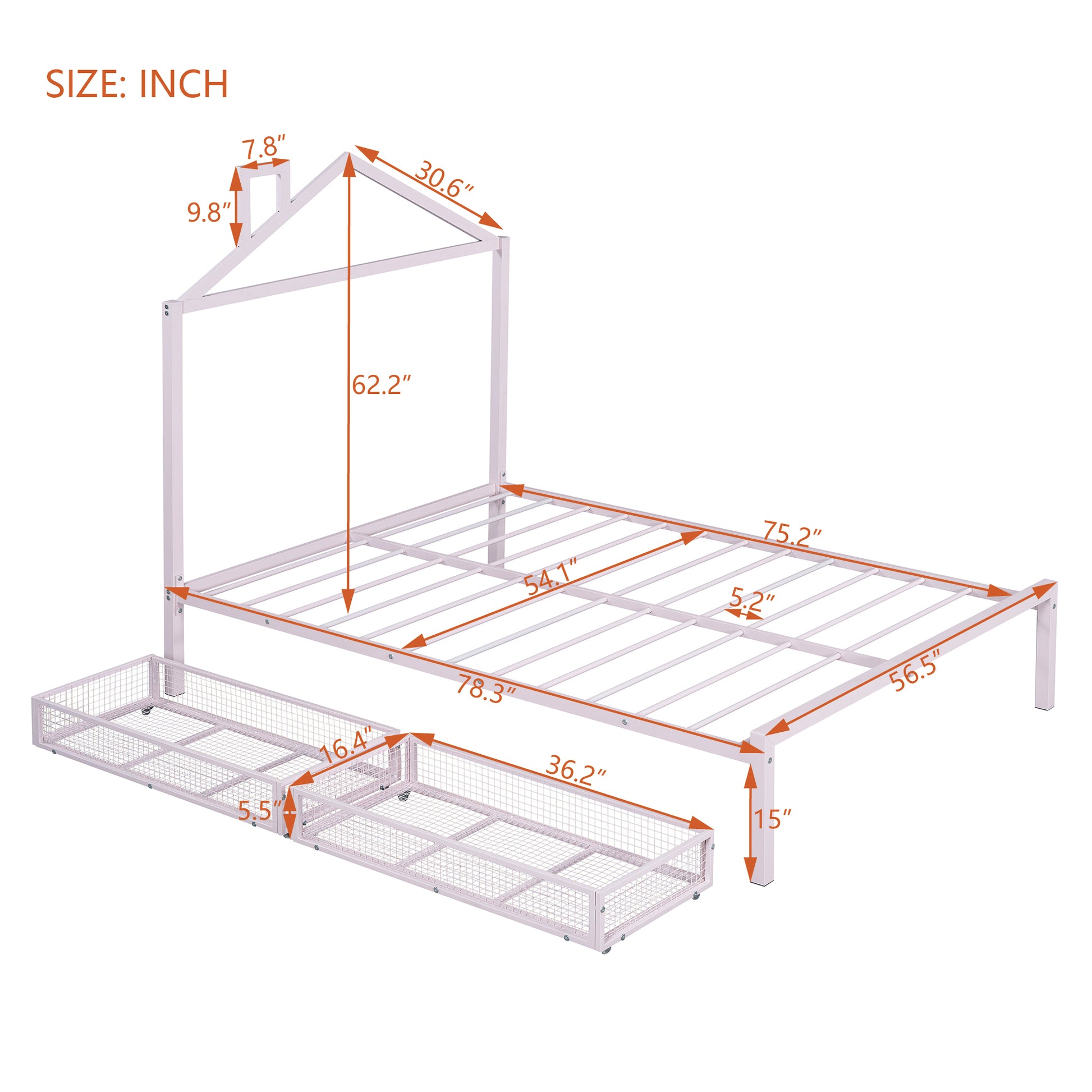 Full Size Metal Platform Bed With Two Drawers,House Shaped Headboard Design, Pink Full Pink Metal