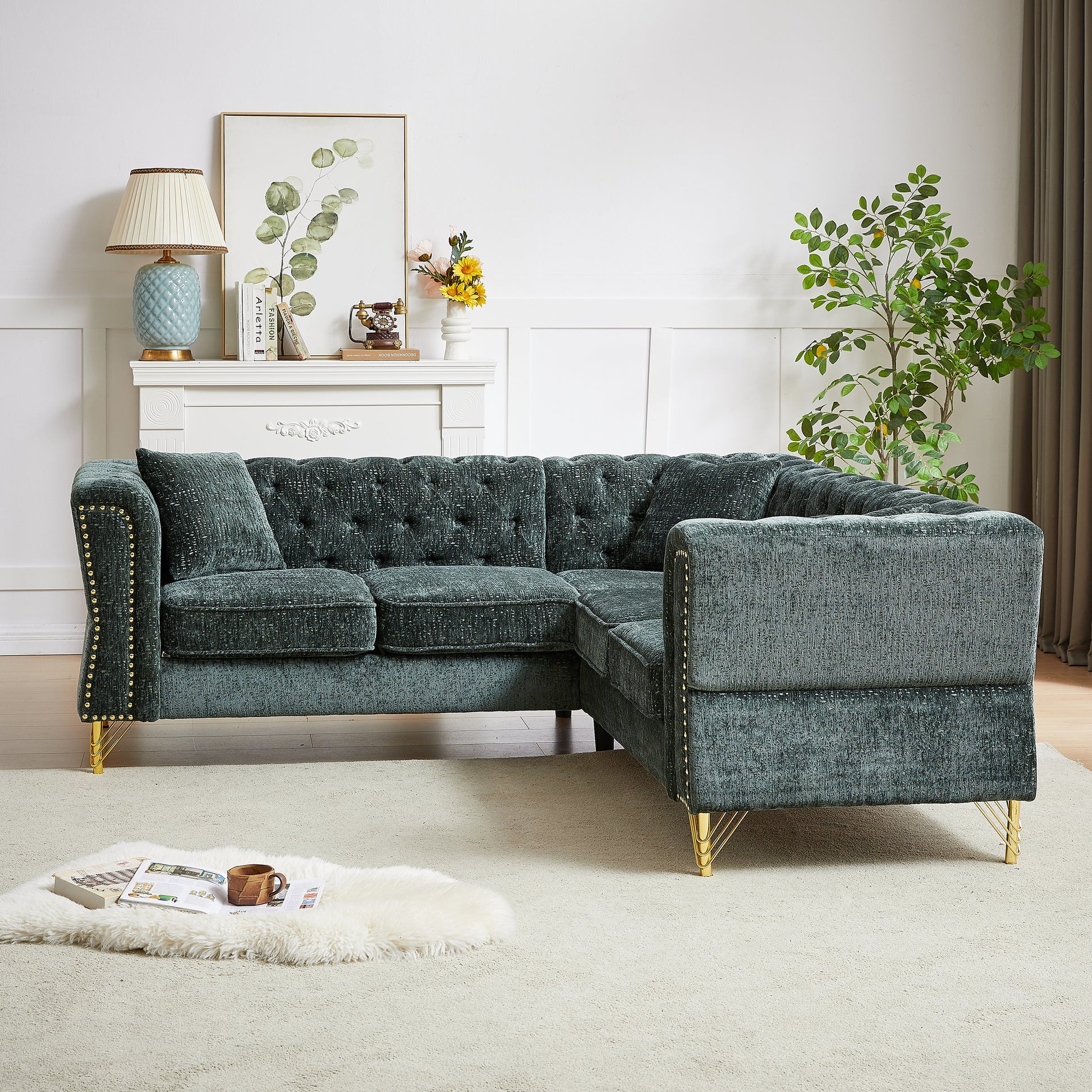81.5 Inch Chenille Corner Sofal Shaped Sectional Couch, 5 Seater Corner Sofas With 3 Cushions For Living Room, Bedroom, Apartment, Office Green Foam Chenille 5 Seat
