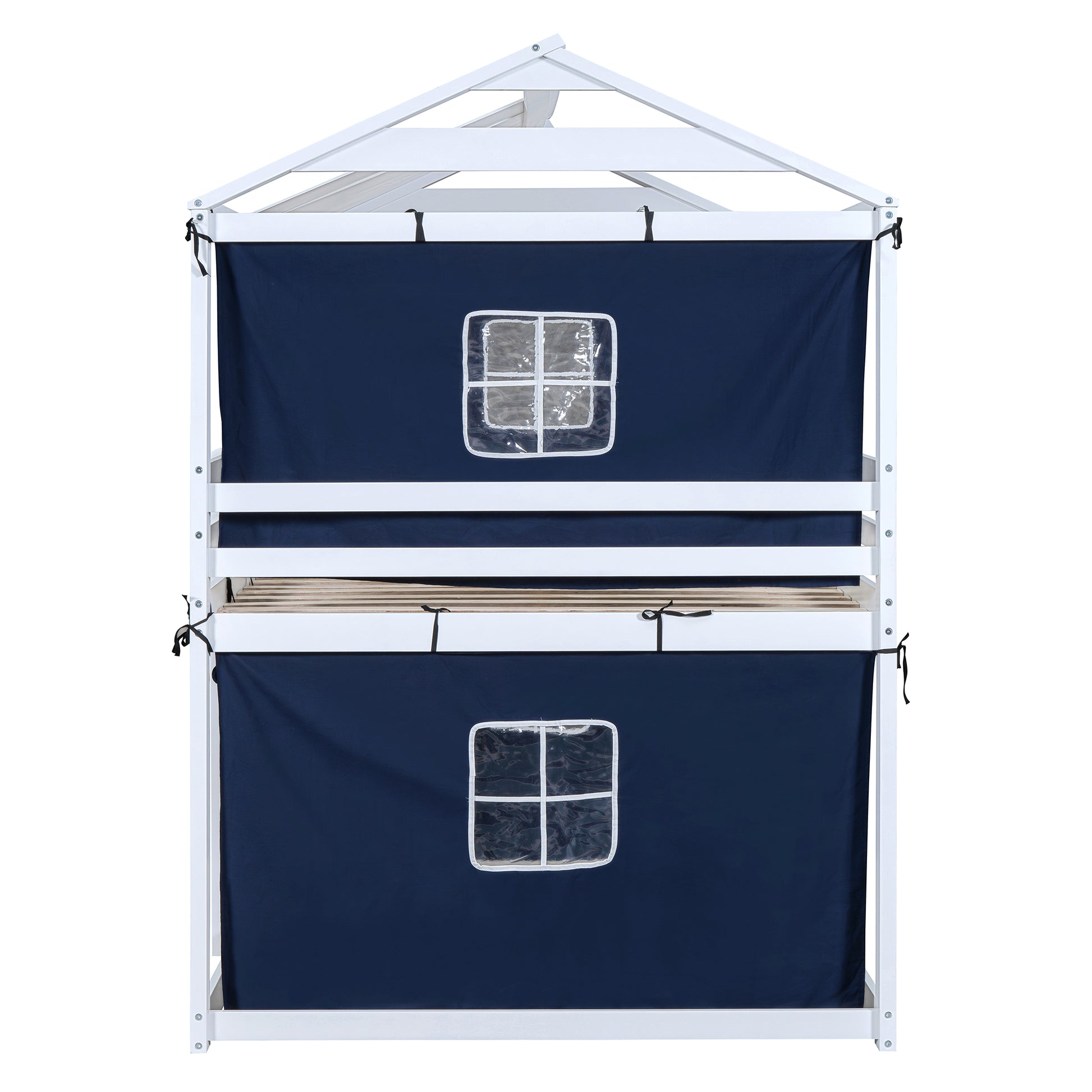 Full Size Bunk Wood House Bed With Tent, Blue White Full Blue Solid Wood Mdf