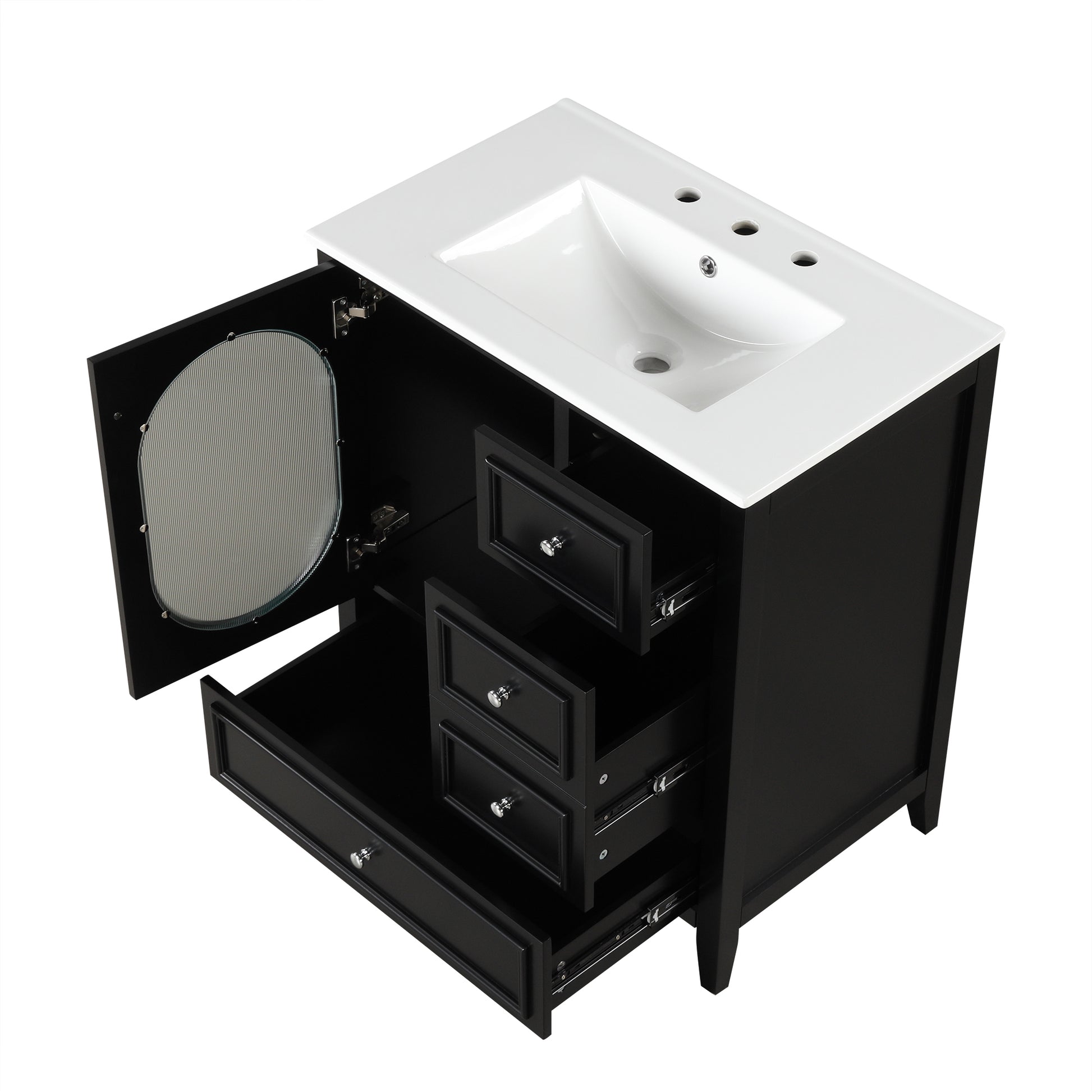 30" Bathroom Vanity With Sink, Bathroom Vanity Cabinet With Three Drawers And Door, Solid Wood And Mdf, Black Black Solid Wood Mdf