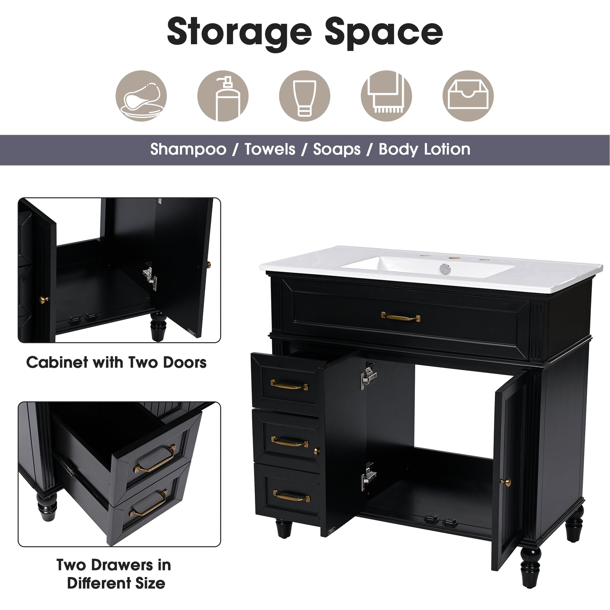 36" Bathroom Vanity With Sink, Black Bathroom Cabinet With Drawers, Solid Frame And Mdf Board, One Package Black Solid Wood Mdf