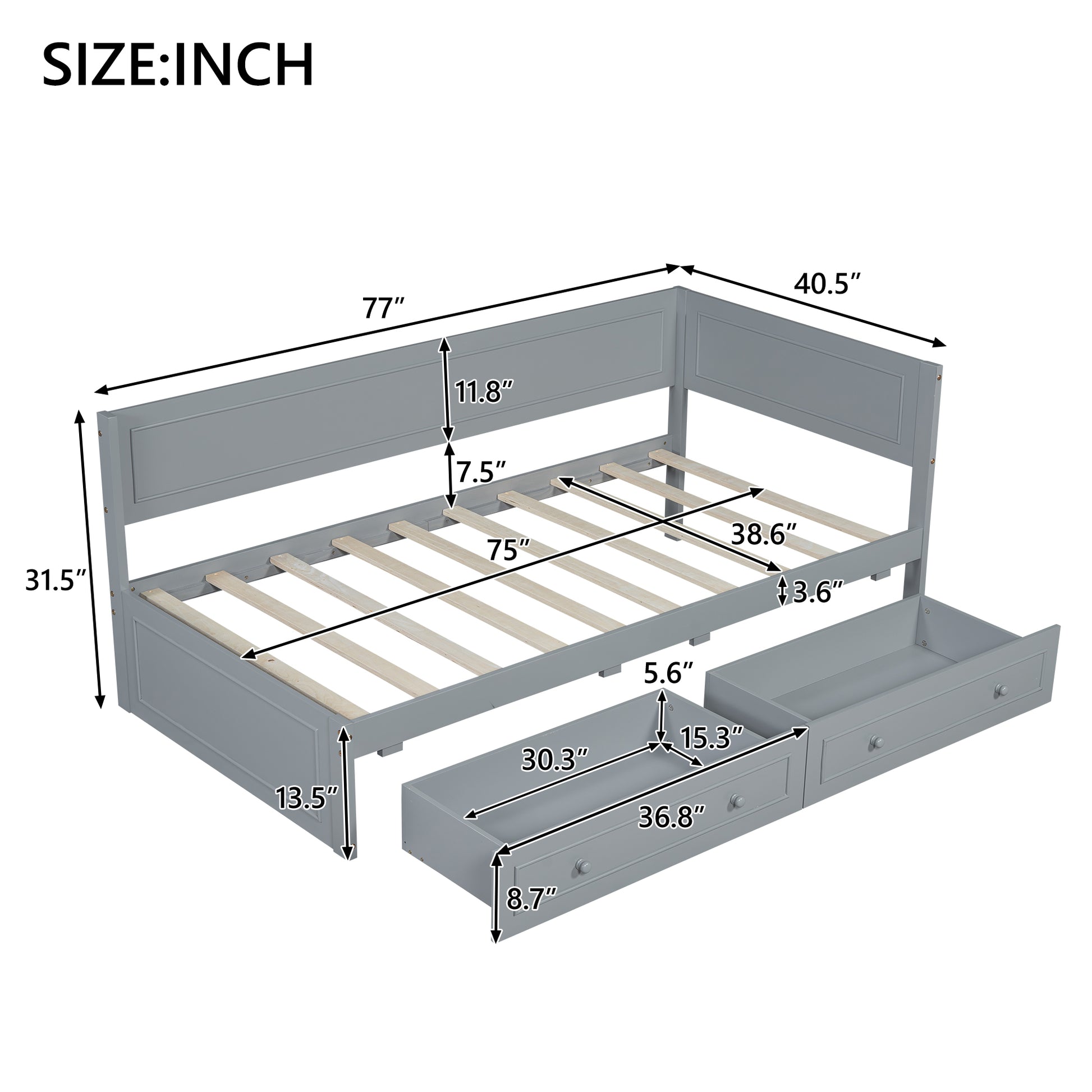 Twin Size Wood Daybed With 2 Drawers And Guardrail, Gray Gray Solid Wood Mdf