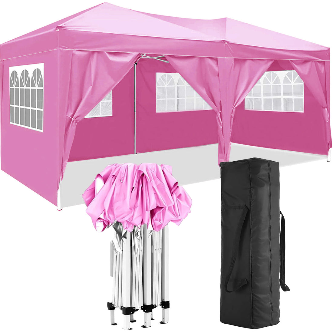 10'X20' Folding Canopy With 6 Removable Sidewalls Outdoor Event Shelter Upf 50 Gazebo Portable Tents For Parties Beach Camping Wedding Ez Pop Up Canopy Pink Metal