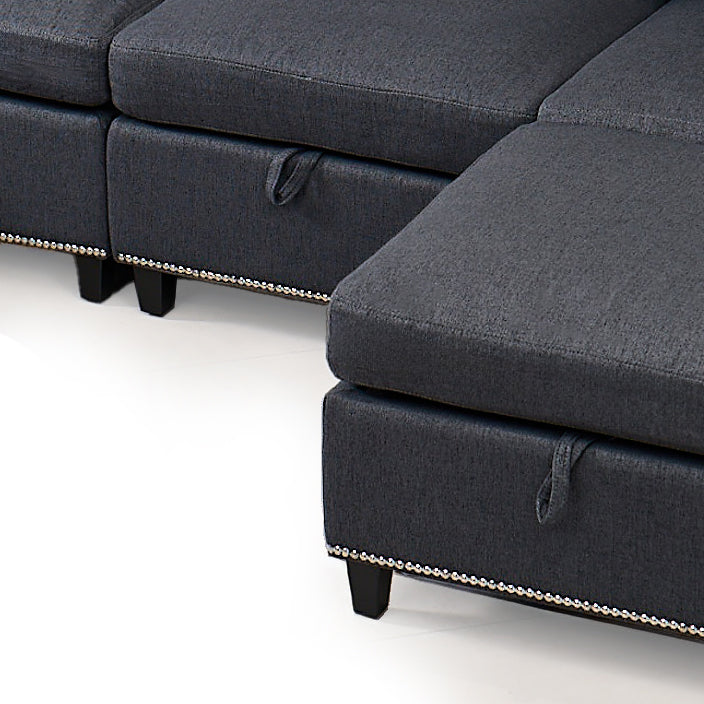 Convertible Sectional Sofa With Storage Seat 6 Seat Sofa With Reversible Chaise U Shaped Sectional Couch For Living Room,Dark Grey Black Fabric 6 Seat
