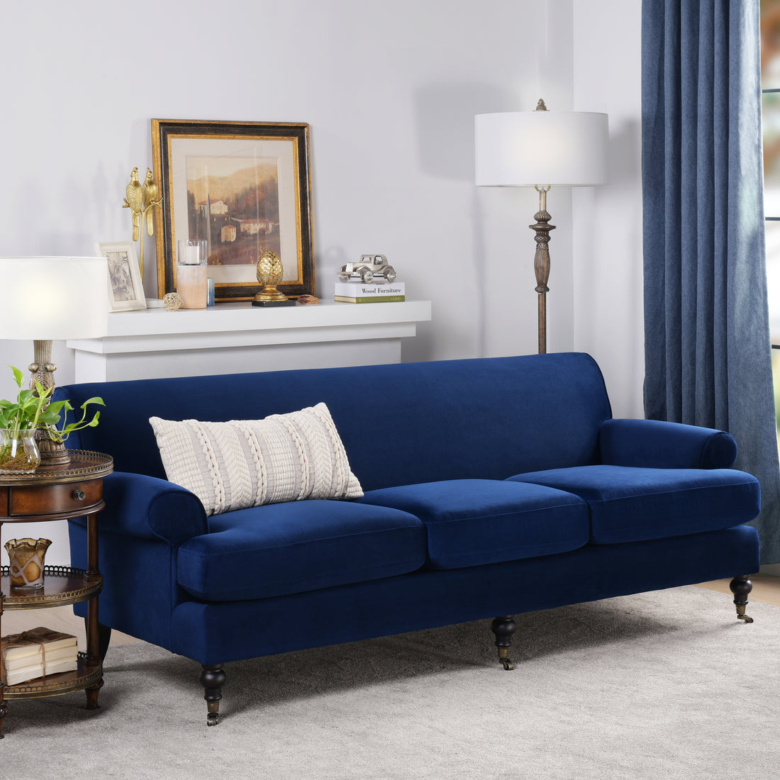 Alana Lawson Three Cushion Tightback Sofa, Navy Blue Velvet Navy Blue Foam Velvet 3 Seat