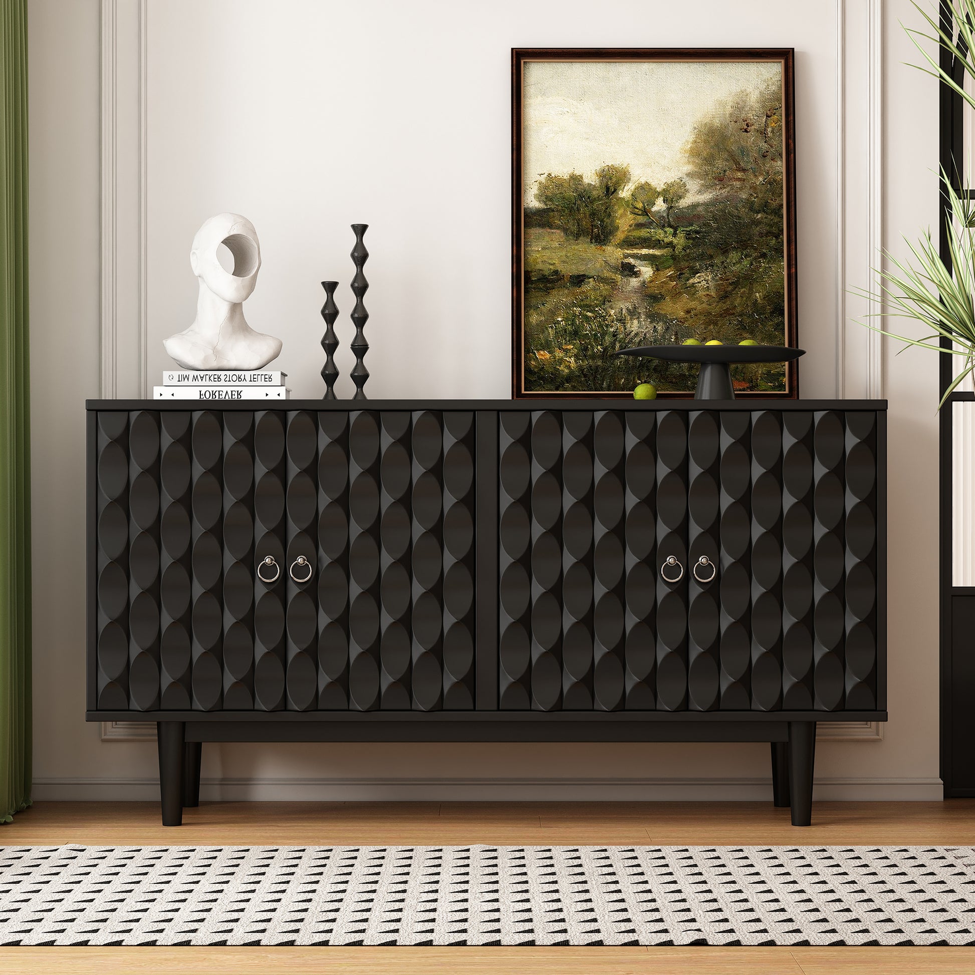 Modern 4 Door Sideboard With Convex Pattern Doors And 2 Silver Handle For Living Room, Dining Room, Kitchen Black Black Mdf