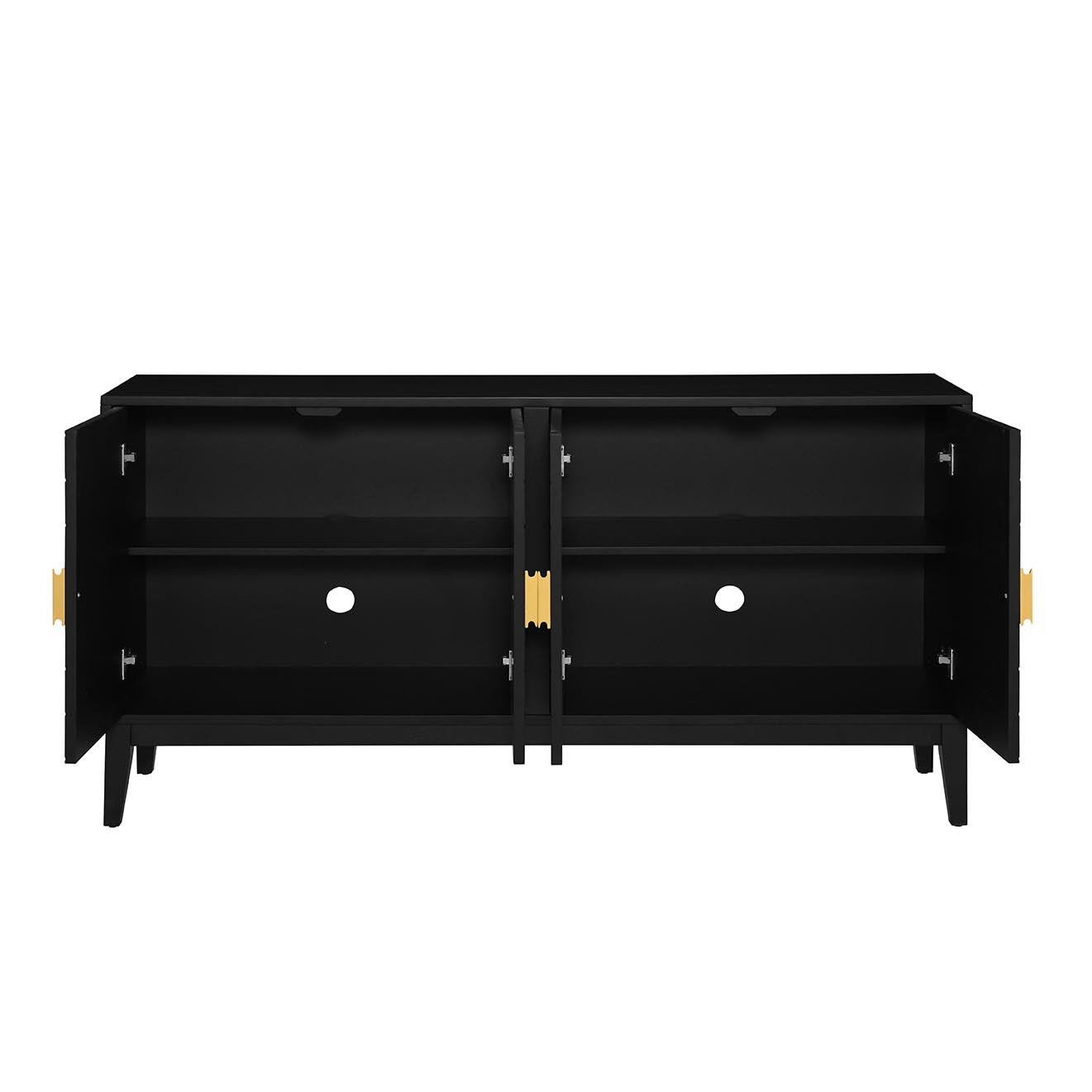 4 Door Sideboard Storage Cabinet For Living Room And Dining Room, Two Large Cabinets With Gold Handles And Adjustable Shelf, Black Black Rubberwood Solid Wood Mdf