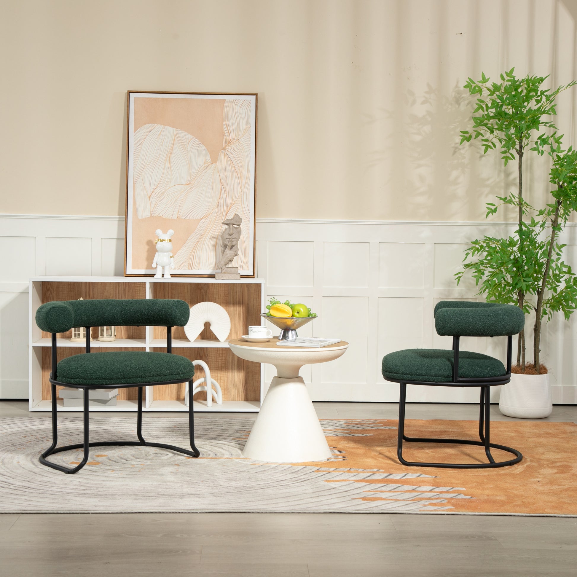 Coolmore Boucle Dining Chairs Set Of 2, Mid Century Modern Curved Backrest Chair, Round Upholstered Kitchen Chairs Emerald Boucle Emerald Foam Mdf Metal