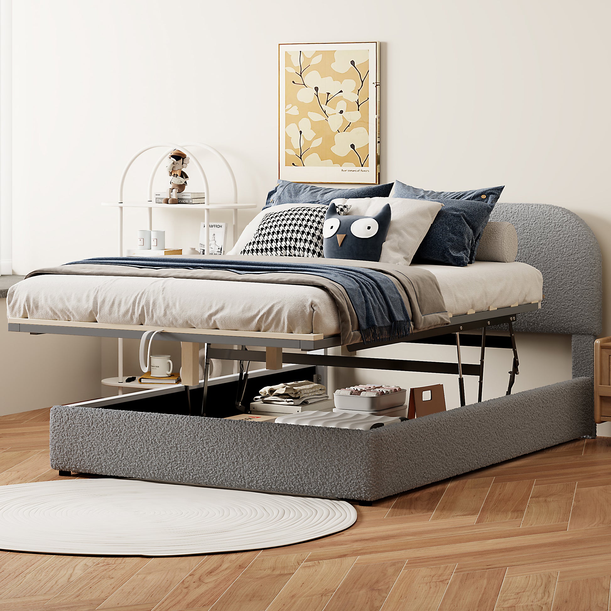 Teddy Fleece Full Size Upholstered Platform Bed With Hydraulic Storage System, Gray Full Gray Teddy