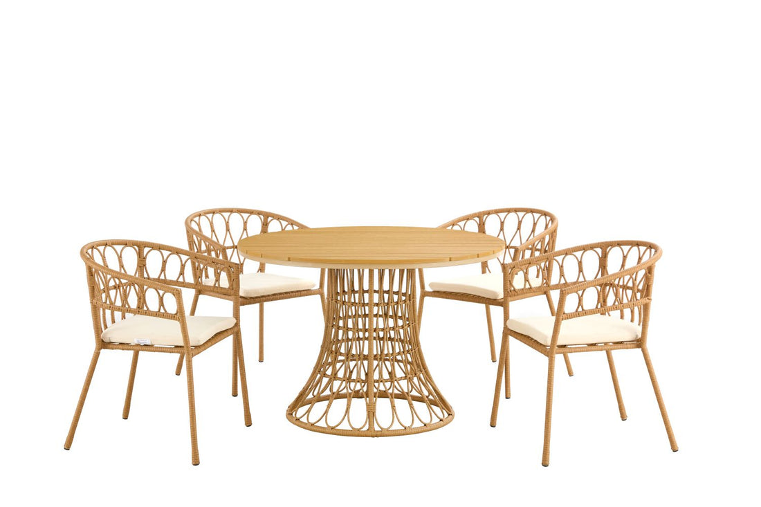 Outdoor Dining Set Of 5, Simple Bamboo Dinning Tablepe Ratten Round Table 110Cm Plastic Wood Top, Bamboo Looking Ratten Base, 4 Dinning Chairs With Cushion, Stackable Antique Brown Bamboo