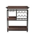 3 Tier Industrial Rolling Serving Cart With Lockable Wheels, Wine Rack Cart With Glass Holder For Indoor And Outdoor, Beverage Trolley Cart With 2 Removable Tray Antique Brown Brown Kitchen