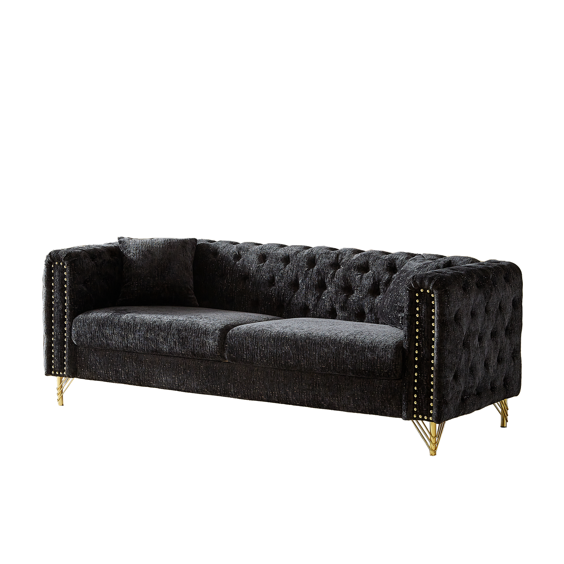 82 Inch Chenille Pull Buckle Design Sofa For Living Room,Buttons Tufted With Copper Nail Decoration Armrest, Modern Couch Upholstered Button And Metal Legs Black Foam Chenille 3 Seat