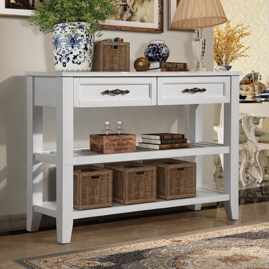 Console Sofa Table With 2 Storage Drawers And 2 Tiers Shelves, Mid Century Style 42'' Solid Wood Buffet Sideboard For Living Room Furniture Kitchen Dining Room Entryway Hallway, Antique White Antique White Pine