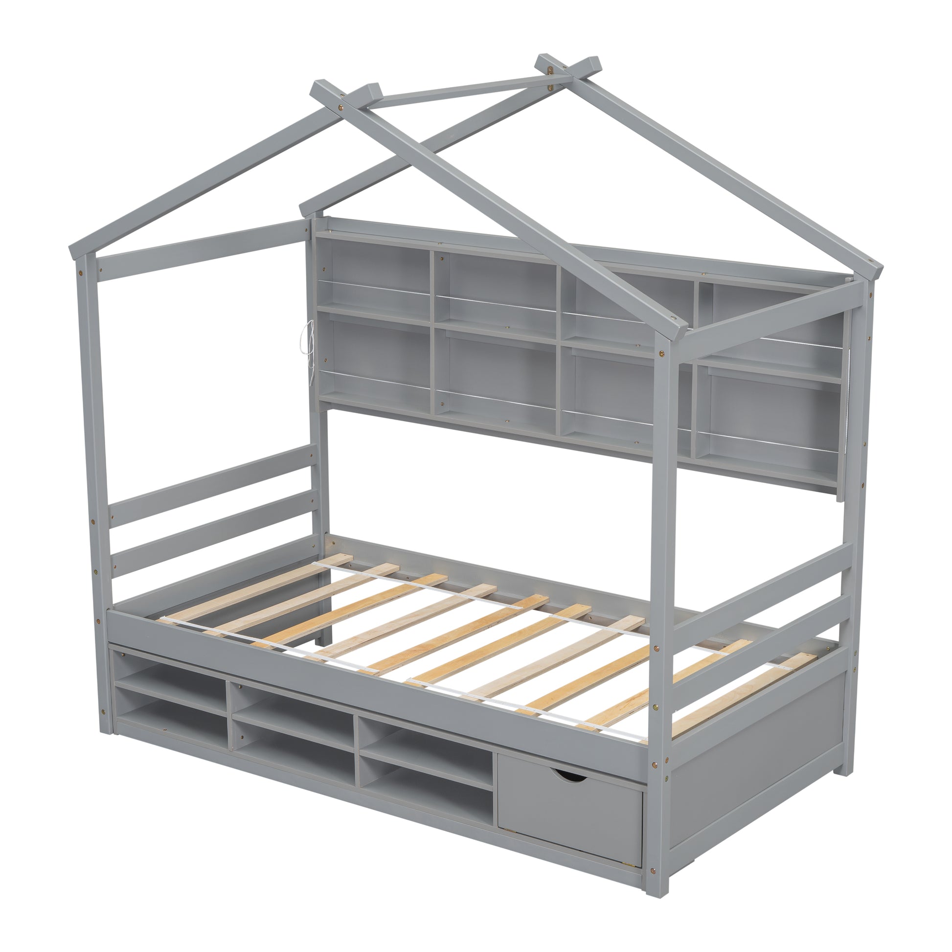 Twin House Bed With Roof Frame, Bedside Shelves, Under Bed Storage Unit,Grey Twin Grey American Design Pine