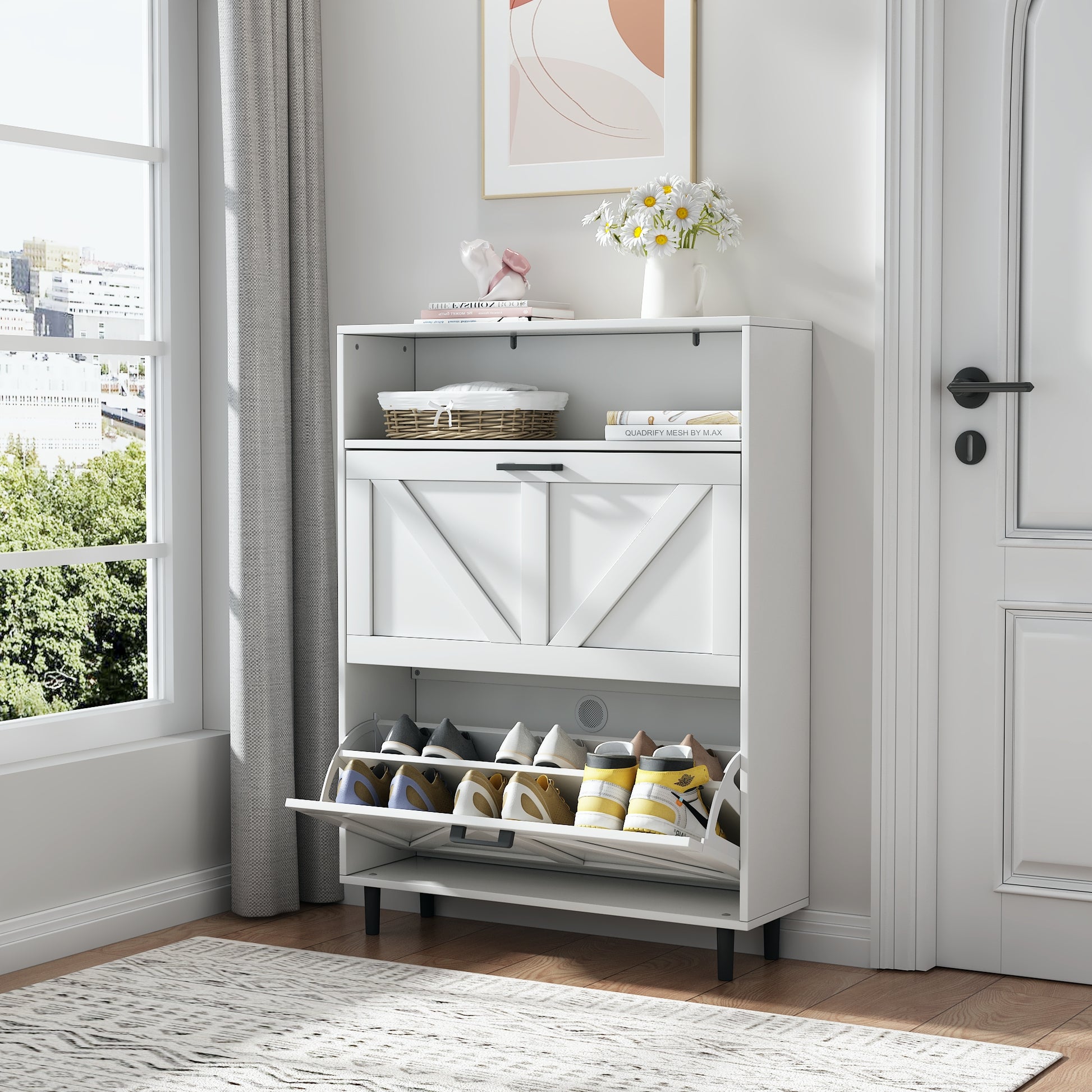 Farmhouse Shoe Storage Cabinet With Barn Door Design, Shoe Organizer With 2 Flip Drawers, Freestanding Narrow Shoe Rack Cabinet With Open Storage For Entryway,Foyer,Hallway, Antique White Freestanding 1 2 Drawers Barn Door Antique White Primary Living