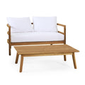 Outdoor Acacia Wood Loveseat And Coffee Table Set With Cushions, Teak And White Brown White Acacia Wood