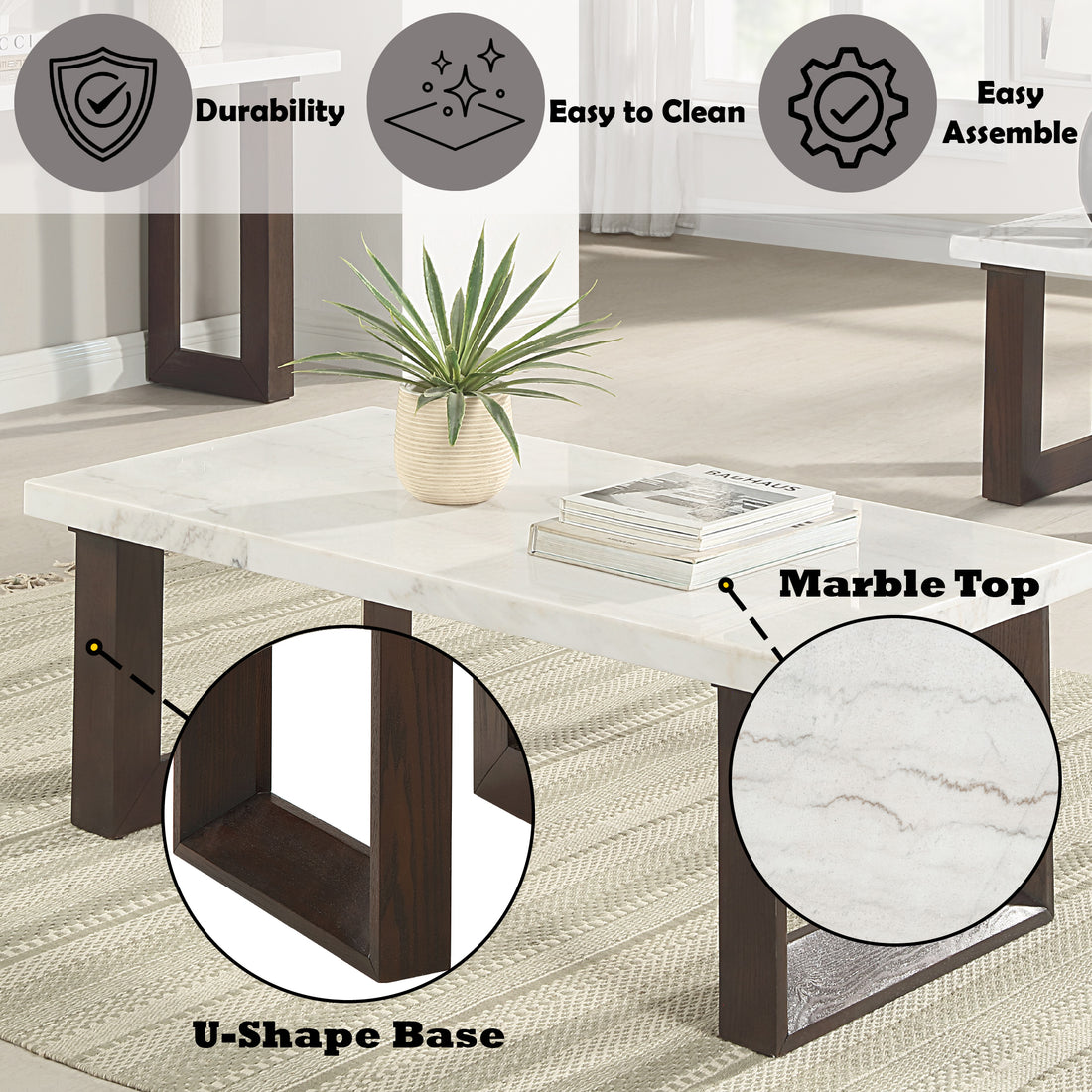 Edwyn Coffee Table W Marble Top, Natural Marble Top & Espresso Finish Lv03205 White Wood