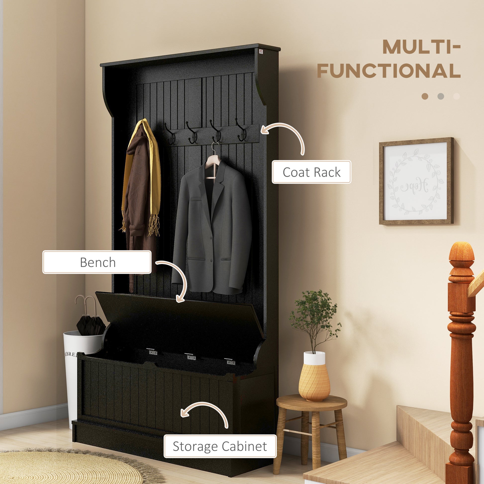 Homcom 3 In 1 Entryway Hall Tree With Storage Bench, Coat Rack With Four Hooks And Shoe Storage, Black Black Mdf