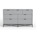 Rexi 56 Inch 7 Drawer Dresser, Honeycomb, Mahogany Wood, Light Gray, Black Black Gray Wood