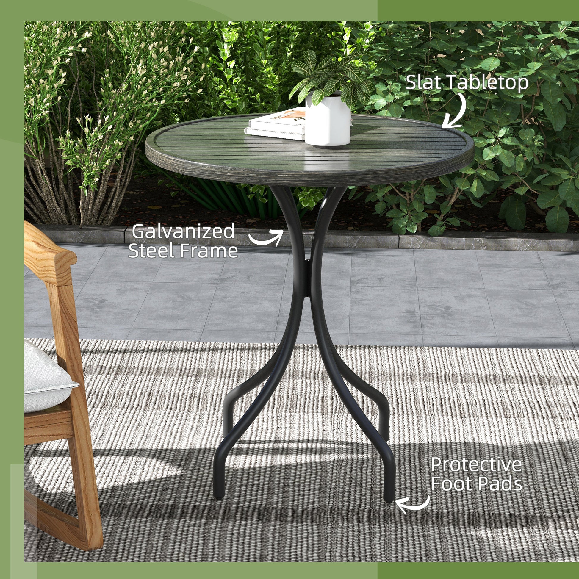Outsunny Outdoor Side Table, 26" Round Patio Table With Steel Frame And Slat Tabletop For Garden, Backyard, Porch, Balcony, Distressed Gray Gray Steel