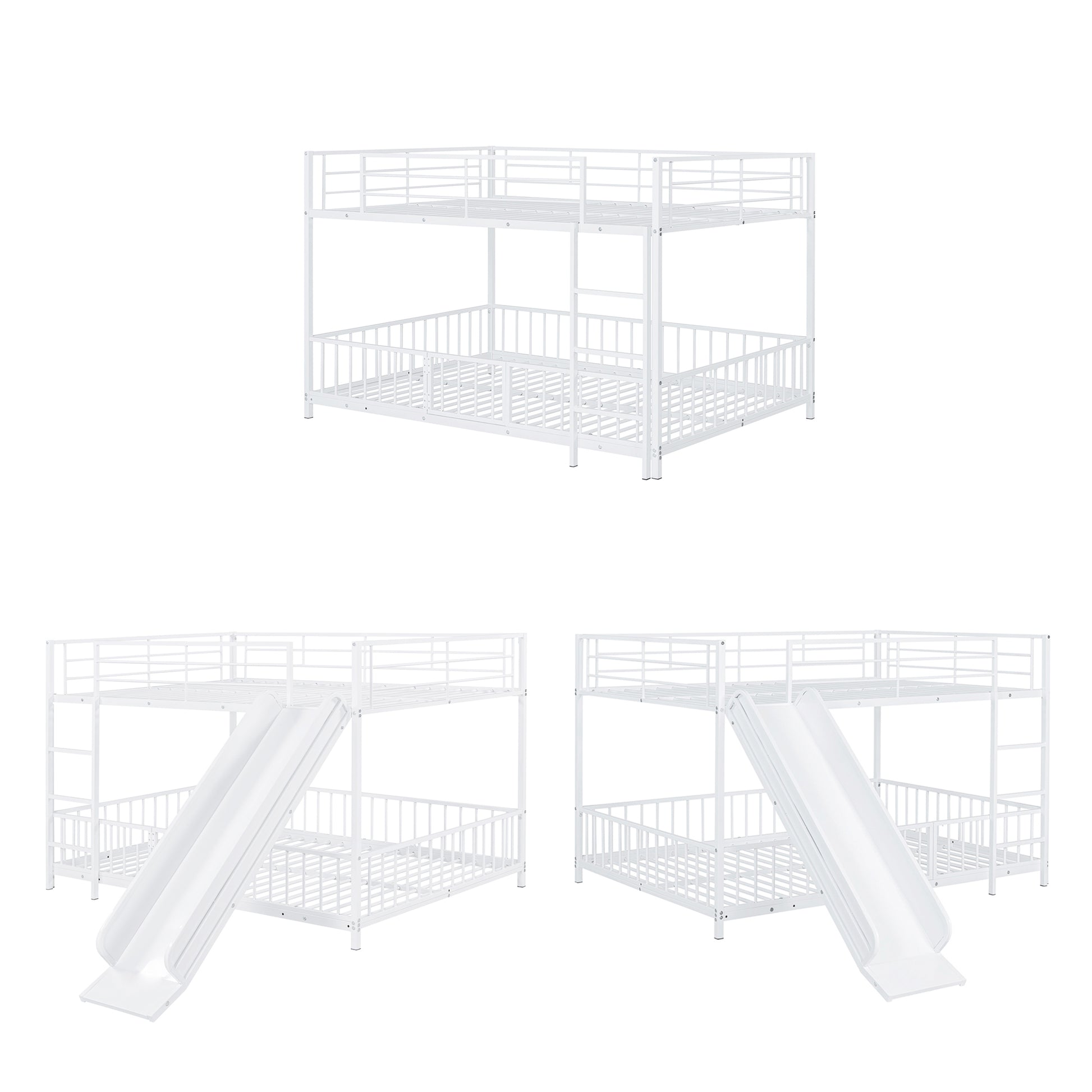 Full Over Full Size Metal Bunk Bed With Slide And Guardrails, White Full White Metal