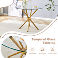 Round Clear Glass Dining Table With A Unique Shape For 4 6 People, With Ring Shaped Gathered Gold Metal Legs, Suitable For Desks, Kitchens, Terraces, Dining Rooms. Gold Glass Metal